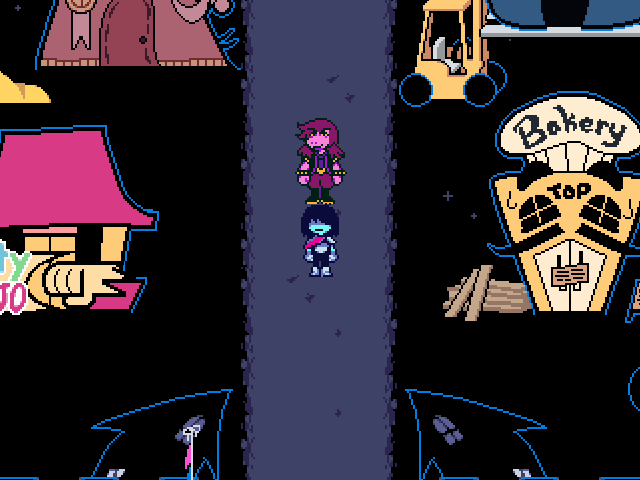 Kris and Susie in Castle Town. A small inconspicuous crane is lifting one of the buildings.
